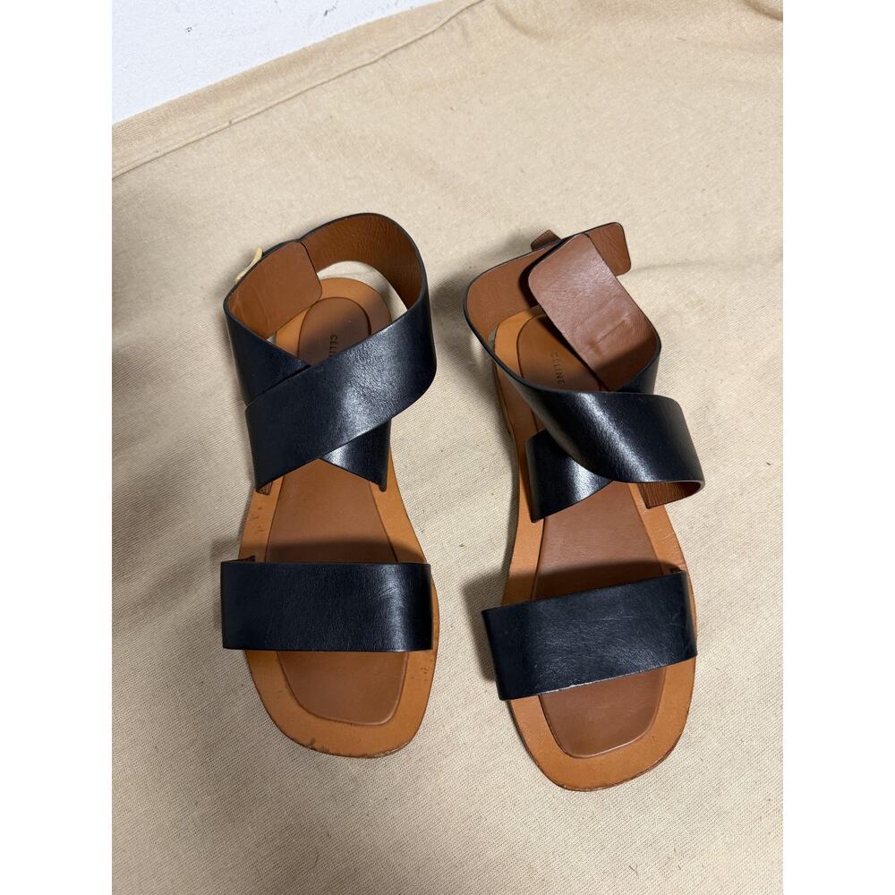 Celine Sandals Womens Size 9 39 Black Leather Strappy Flat Ankle Strap Italy